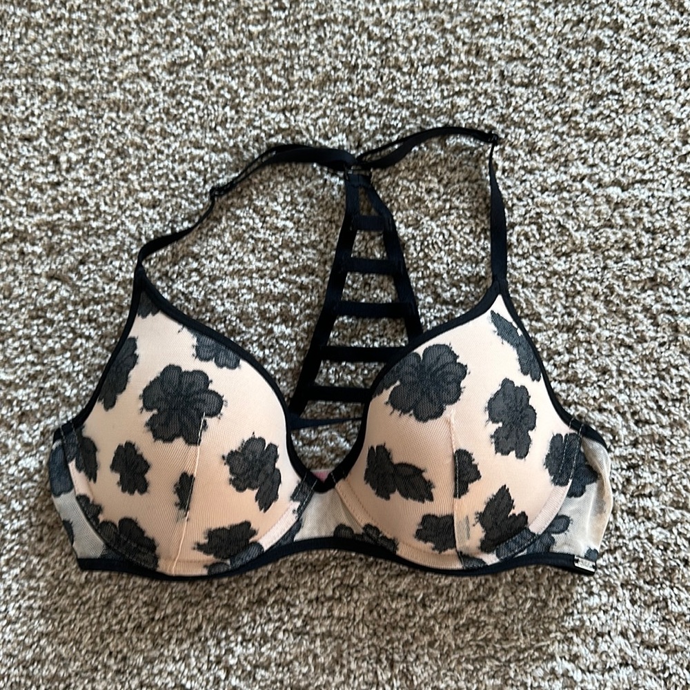 VS PINK Beige and Black Flower Lightly Lines Razor Back Bra